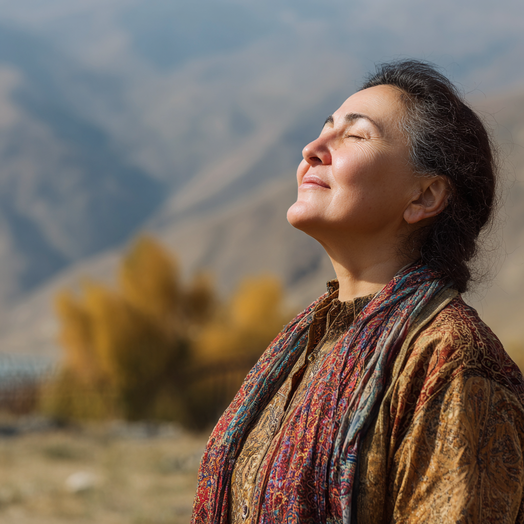 Smiling middle-aged Uzbek woman in comfortable yoga attire sitting in peaceful meditation pose on a yoga mat in a serene, naturally lit studio space