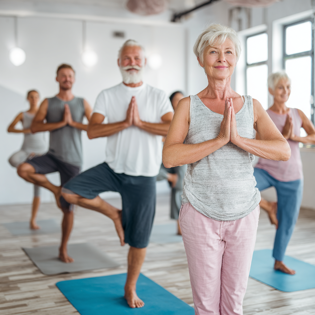 Happy Uzbek man in his 40s performing a gentle yoga stretch on a mat in a peaceful, well-lit yoga studio with natural elements visible in the background