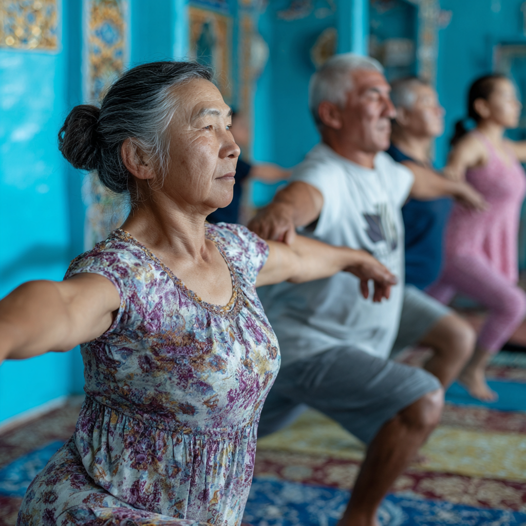 Group of diverse smiling Uzbek adults of different ages sitting together in a circle on yoga mats in a bright, peaceful studio space with plants and natural lighting